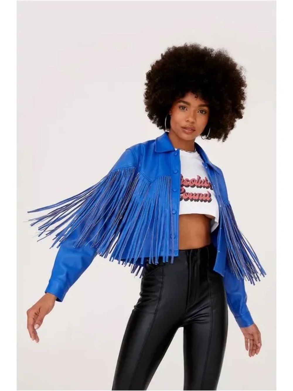 Nasty Gal Electric Blue Fringe Cropped faux Leather Jacket